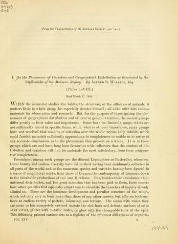 On the phenomena of variation and geographical distribution as illustrated by the Papilionidæ of the Malayan region