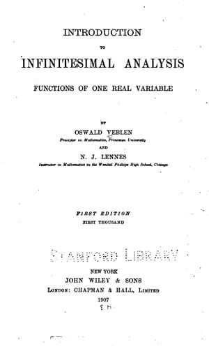 Introduction to Infinitesimal Analysis; Functions of One Real Variable
